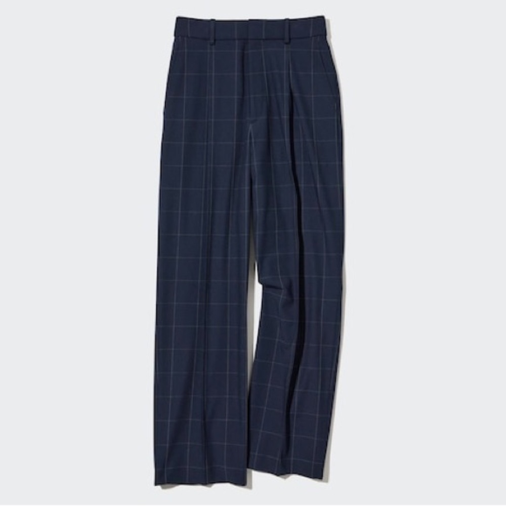 Navy Wide-Fit Pleated (Windowpane) Trousers
